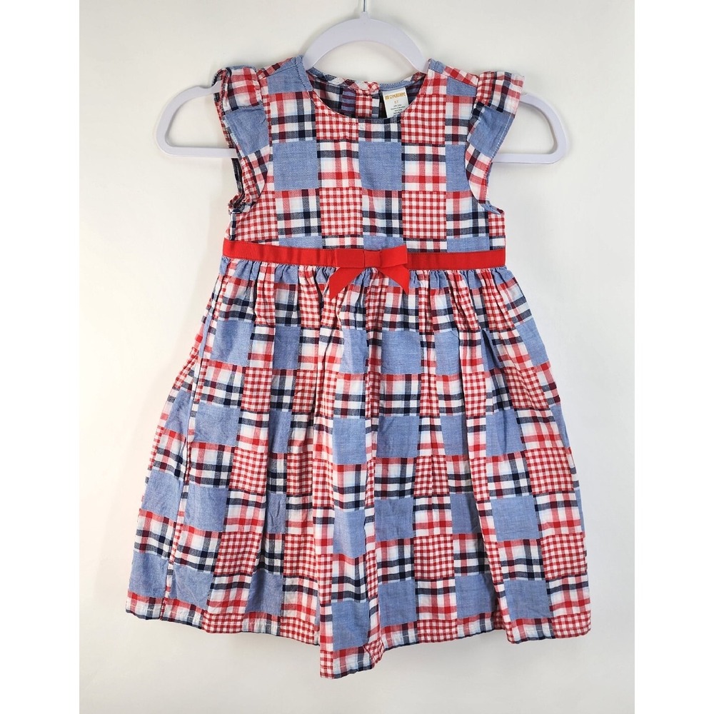 Gymboree Dress Girls 5T Patriotic Patchwork Red Blue Cap Sleeve Bow